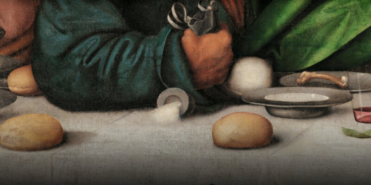  Bu yıpranmış orijinalde zar zor tanınabilen, Judas’ın sağ kolunun hemen yanında devrilmiş bir tuz kabı. 16. yüzyılda dökülen tuzun kötü bir alamet olduğu biliniyordu.